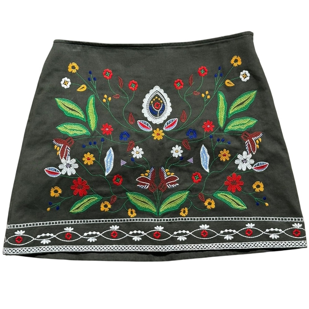 ARK N CO Women's Large Olive Green Embroidered Colorful Floral A-Line Mini Skirt